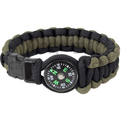 Paracord Survival Bracelet with Compass, Olive Green / Black